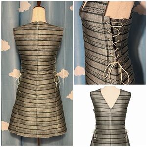 Vintage green striped lace up v-neck mini dress. 6